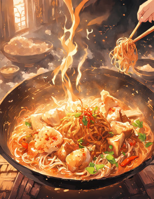 Delicious and tempting spicy noodles?Fresh vegetables are plentiful?The poached egg aroma is overflowing?The brown conch is delicious and delicious?Pepper has a strong flavor?The yellow bamboo shoots are crispy and delicious?The fungus has a delicate taste?Tofu has a good aftertaste?The noodles picked up by chopsticks are fragrant?illustration