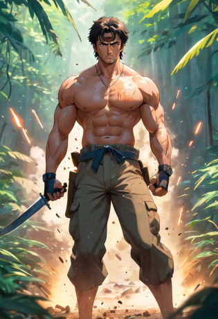 (best quality,4k,8k,highres,masterpiece:1.2),ultra-detailed,(realistic,photorealistic,photo-realistic:1.37),Sylvester Stallone,Rambo,action hero,muscular body,ripped muscles,confident expression,strong jawline,intense gaze,fierce determination,signature headband,battle-worn camouflage clothing,commando knife,bandolier,assault rifle,explosions in the background,dense jungle setting,sweat glistening on the skin,muddy terrain,stealthy approach,color grading with earthy tones,dynamic lighting creating dramatic shadows,gritty details,high contrast,adrenaline-filled atmosphere,blurred background emphasizing motion,iconic pose,strong highlights,deep shadows,man versus nature,rough textures,explosive action sequence,wide-angle perspective,cinematic feel,heroic proportions,imposing presence,unrelenting warrior,Sylvester Stallone as the ultimate action legend