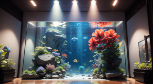 Giant aquarium in an aquarium?Multiple hibiscus in the aquarium?top-quality?8K??masterpiece?a picture?Photorealsitic?Raw photography?top-quality?high-detail?????photos realistic?Professional color correction