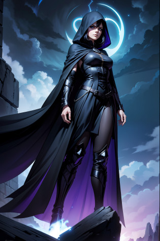 An adult mage character wearing a hooded robe and gothic armor with black details accompanied by an adult mage character wearing a robe, capuz. Tax Posture, face with serious expression, cabelo na cor preta liso preso, hair in black color a remarkable beauty, Magnificent, cor azul dos olhos, Purple sky with magnificent clouds, arms crossed in imposing pose and on top of a tall rock, cabelo curto cidade, portal, Magnificent, 8k,