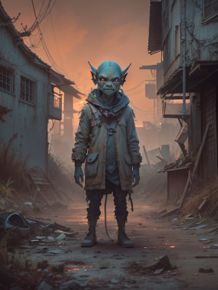 full body length,niobium goblin,pretty face,eyebrow up,full body shot,ominous landscape,niobium gray atmosphere,by art Simon Stalenhag,Nicola Samori,(((Wangechi Mutu))),prime colors,urban,extremely detailed,masterpiece,intricate details,faded,eyes extremely detailed, high detailed eyes,4k resolution,RAW, Nikon Z9,scary village,stalker