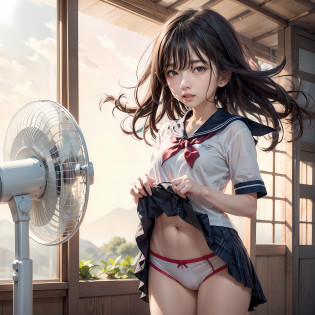 (masterpiece, top quality, high resolution, Unity 8k wallpaper, highly detailed CG:1), the girl enjoys the cold wind of the fan in her skirt in the form of a sailor -, one girl, fan, underwear, skirt, solo, panties, skirt combed, navel, wet white panties, see-through panties, blue eyes, black hair, lifting clothes, long hair, uniform, pleated skirt, sailor collar, sweaty skin, shirt, short sleeves, neckerchief, serafuku, white shirt, lifting skirt yourself, wet, cowboy shot, belly, parted lips, floating hair, indoor, black skirt, red neckerchief, standing, blush, ribbon panties