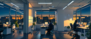 A lot of people are in the office?A lot of people are working?Computer, Sky outside the window?the night?themoon?In the office, artstation hq, working in an office, At the office, office backdrop, in a open-space working space, in front of a computer, in a office