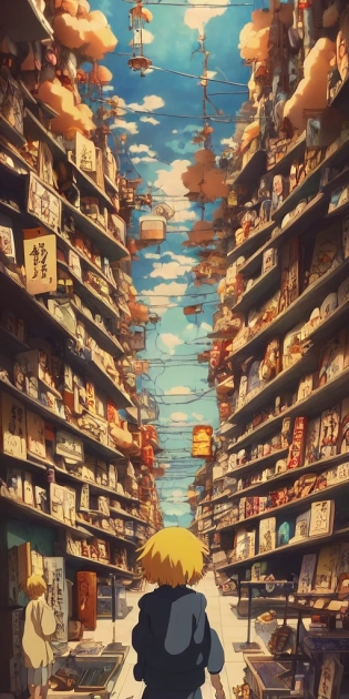 store full of curious collectibles :: incredible, anime, Digital 2D, animated by Kyoto Animation, Studio Ghibli, Miyazaki, AKIRA art style, beautiful, gorgeous, dramatic lighting, rule of thirds, perfect composition, trending on ArtStation, 4k --ar 1:2 --quality 2