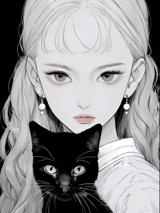 Menina anime com cabelo longo e um gato preto, black and white manga style, black and white manga, menina do gato branco, menina com orelhas de gato, arte da linha preto e branco, gatinha, gato anime bonito, menina anime com orelhas de gato, Manga art style, bela arte de linha, arte de anime limpa e detalhada, menina do gato, mulher com orelhas de gato