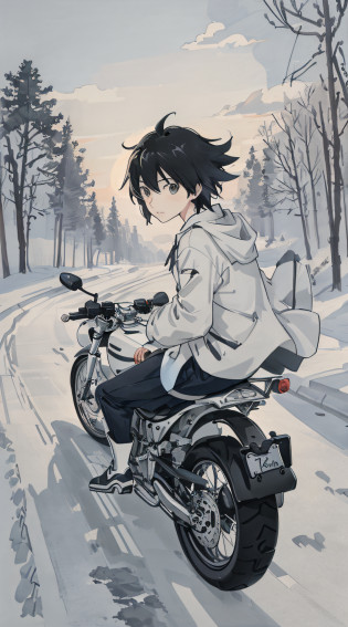 Draw a girl riding a motorcycle on a snowy road with another girl on board in the car, holding the driving girl, the style is Makoto Shinkai, Makoto Shinkai style, Makoto Shinkai art style, Makoto Shinkai style, Makoto Shinkai !!, riding a motorcycle, 4K manga wallpaper, Makoto Shinkai! , ((Makoto Shinkai)), inspired by Makoto Shinkai