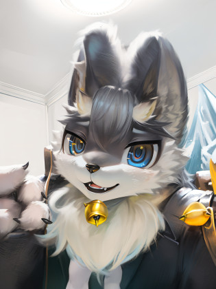Alafi was wearing a suit?A tie with yellow bells, fursuit, headshot of young female furry, fursuit!!!!, furry character, the furry fursuit is running, 4 k hd fur face!!!, furry fursona, furry wolf, anthro wolf face, holo is a wolf girl, anthropomorphic wolf, silver eyes full body, macro furry
