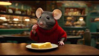 mouse in red sweater, at a 1930's deli eating a piece of cheese, very wide shot, another mouse in the background
