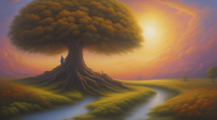 painting of a tree with a man sitting on it in a field, tree of life seed of doubt, fantasy tree, inspirado em Christophe Vacher, inspirado em Vladimir Kush, Directed by: Christophe Vacher, golden sacred tree, Directed by: Vladimir Kush, Mystical setting, magic tree, whimsical fantasy landscape art, Pintura realista de fantasia, Fantasy oil painting, The Bodhi tree at sunset