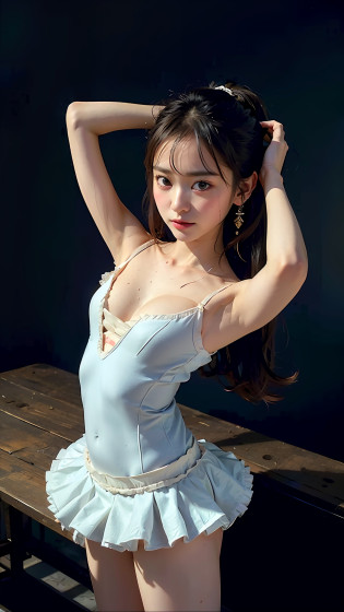 wearing tutu, in a studio, (Best quality, 8k, 32k, Masterpiece, UHD:1.2), (realistic), (photorealistic:1.2), (high resolution), ultra detailed, extremely beautiful face & eyes, (loli), 1girl, young woman, cute, round small face, classical ballet ballerina tutu, classical ballet clothing, (sweaty), 500mm Lens, f1.8, Fujifilm XT3