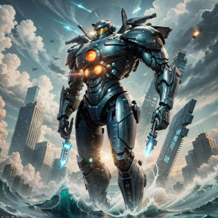 Fine detail, 4K wallpaper, arms outstretched, body and arms sharply defined, full body,masterpiece, best quality,mecha,Gipsy Danger,realistic,blue_theme, fantasy, no_humans, scenery, Pacific Rim Jaeger, from Pacific Rim, Pacific Rim, Movie 4K wallpaper, 4K wallpaper, HD wallpaper, Movie Pacific Rim, Movie Still 8K, HDR, Best Picture Quality, the main body is the seventh generation Jaeger, two burning turbonuclear reactors located in the center of the chest, the right arm equipped with a long straight chain sword, and the left arm equipped with a plasmacaster, brilliant infinite Pacific Ocean, fully suitable for 8K wallpaper, HDR?8K??????8K?????????,?????J43g3r?????????????????????????????????????????????????????????????????