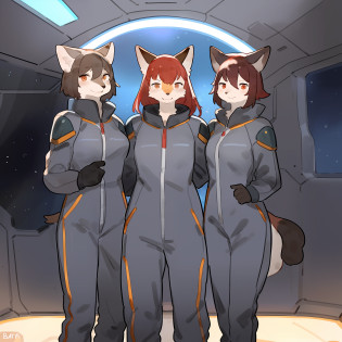 Group photo, grey uniform, grey uniforms, grey jumpsuit, grey spacesuit, female, facing viewer, standing shoulder to shoulder, standing in line, space, spaceship, window, by bebebebebe, (((by buta99))), canine, feline, hair, a diverse group of anthro characters standing shoulder to shoulder in grey spacesuit uniforms, body armor, red berets, red beret