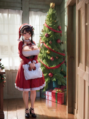((Full body):2), {1Woman}, Only {1Woman} ((with (extremely short and tight Christmas attire), holding a gift bag):1.3))), Only {1Woman} ((extremely large and firm breasts):1.5), Only {1Woman} ((looking at the viewer, with a look of happiness and manic smile on her face):1.3), ((Inside a house in front of a chimney with a large Christmas tree next to it)),  anime, anime style, 16k, high resolution, ((best quality, high details:1.5), UHD, ((masterpiece))