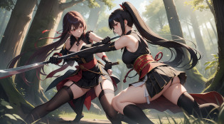 Full body shot from head to feet. A scene depicting a deadly duel fighting, between two swordswomen character from Phantom Breaker, Mikoto versus Waka. Mikoto attack Waka with her sword. Waka takes a lethal blow and succumbs to her injuries. Mikoto and Waka have different long loose hairstyle. Mikoto wear sleeveless kimono, obi tied on the back hip, black long gloves, medium skirt, and black thigh highs. Waka wear sleeveless kimono, obi tied on the back hip, black long gloves, medium skirt, and black thigh highs. Background set on lush forest, with no effect.