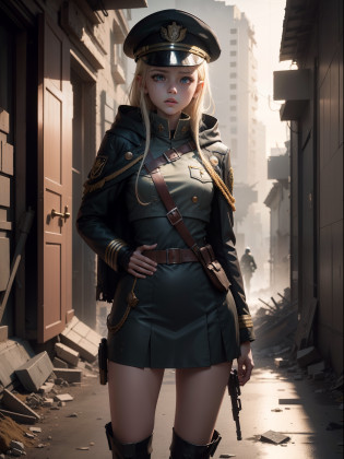 Destroyed towns,3 Ukrainian girls , Ukrainian anime girls , , Ukraine ,  Full body composition of young girl with messy bright blonde hair, eye make up, 13 year old,  Soft lighting, Solo, Old torn dirty shabby futuristic military uniform, badges, Pose, Blotch color, Octane Render, Hyperrealistic intricate detail, Cinematic, 8K resolution, 70mm, Accent Lighting, Global Illumination, Full body portrait, clean detailed faces, intricate clothing, Cute face, flat chest, Slim waist, Slim legs, small hips,Major's uniform,Major's hat,Holding a handgun,Long jacket,Carrying a cloak,actionpose,Fancy Action,