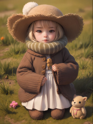 A knitted toy, a small anthropomorphic animal, in a hat and old clothes of the 17th century, macro photography in thick grass, dew drops reflecting the environment, super detailed toy, you can see every wool on the toy, you can see every shrvcik on the clothes, dragging all your things on itself, a cute animal, a cute toy,