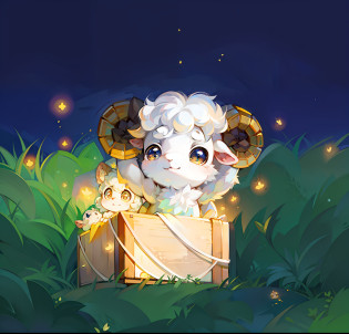 Gift box?A lamb jumped out?fireflies flying around?The lamb looked at the fireflies?The lamb's eyes were resolute?Full of positive atmosphere
