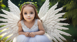 A beautiful 6-year-old blonde girl dressed as an angel with white wings and a halo on her head, de uma menina anjo bonita, menina com asas de anjo, menina do anjo, anjos em vestidos de gaze branca, usando halo de anjo, asas de anjo grande bem aberto, anjo, envolvendo o rosto coberto de halo de anjo, girl-centered panoramic view, fotos de corpo inteiro, de anjo lindo