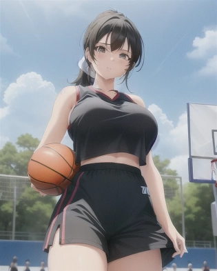 girl, happy, short ponytail, huge breasts, cute, best girl hair, basketball court, street basketball, outdoors, black outfit, shorts, basketball hoops, spinning basketball on finger, trees, clouds in sky, 2 pm. anime, professionally color graded, HDR, anime face, 1girl, face by Artgerm, Greg Rutowski, volumetric lighting, bright bursting colors, intricately detailed outfit, dynamic pose, octane engine, anime face