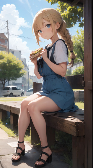 sandwich?Bread with white bread?Ingredients are ham, cheese, lettuce and tomatoes?It is topped with mayonnaise and mustard?The sandwich is cut and?Cross-section is visible?The sandwich is on the plate.?Served with napkins, forks and knives? girl with?Her hair is blonde and long.?Braided?The face is round and cute?Clothes in white and blue dresses?Has a floral pattern?Shoes in white sandals?Ribbons are attached to the ankles?The girl is sitting?I have a sandwich in my hand.?Eating happily? scene?There is a beautiful scene floating in the background.?Blue sky, white clouds, green meadow and colorful flowers?The scene is softly painted like a watercolor painting.?It has a dreamy atmosphere?The scene expresses the imagination and sensibility of the girl?Pubic hair shows through?(Beautiful bare pubic hair) ,more_Details:1.5, (More and more_Details:1.9)?