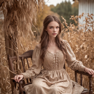Illustrate a scene featuring a young and enchanting girl seated in a rocking chair on a terrace. The setting is a weathered wooden house adorned with clusters of dried grass, nestled on the tranquil banks of a river. Tall birch trees, vibrant pumpkins, and the mesmerizing touch of witchcore aesthetics complete this captivating tableau.