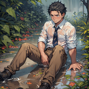 ?1 Adult male??A high resolution? Sharp focus? Pixiv masterpiece? ??Complicated details??? highly  detailed? natsuki_subaru? 1 man?Lying in the mud? Nervous?full bodyesbian? Golden eyes?eyes glowing?? Short blue hair?white  shirt?Wear a tie?Wear a belt?perspire?rain?Drenched?Sweaty crotch?Urine flows from the crotch?pissing?Pee on the legs?Urine clumsily runs down the thighs?Lie down?legs separated?Pants are wet?Wet diapers?exhilarated?is shocked?panicking?worry?A small puddle of your own urine forms under your feet