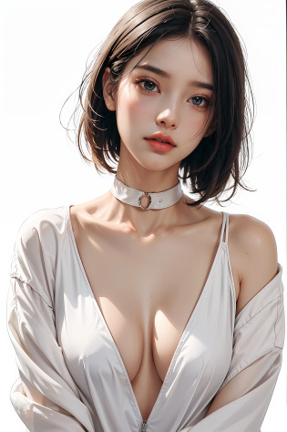 Top Quality, White Skin, Real Human Skin, (Detailed), Oval Face, Pore, Ultra High Resolution, (8k, RAW Photography, Photorealistic: 1.4), One Woman, Slim, (Gentle and Goddess-like Eyes) Happiness: 1.2), (Lip Gloss, Eyelashes, Distinct Double, Clear Eyes, Gloss Face, Best Quality, Ultra High Definition, Wide Lighting, Natural Shading) , Oversized Jacket, Fashion Shirt, White Background, Light Background, Big Breasts, Gloss on Chest, Gloss on Face, Gloss on Skin, Glossy Skin, Fresh Breeze, Straight Hair, Short Bob Hair, Long Neck, Choker
