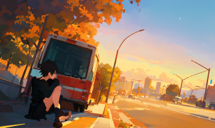 there is a woman  sitting in front of a bus, makoto shinkai cyril rolando, ( ( makoto shinkai ) ), style of makoto shinkai, makoto shinkai. �h 2160, in style of makoto shinkai, by Makoto Shinkai, by makoto shinkai, makoto shinkai!