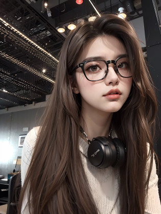 arafed woman with headphones and glasses standing in a room, with glasses, with square glasses, wearing thin large round glasses, with black eyeglasses, wavy long black hair and glasses, ulzzang, wearing black frame glasses, wearing square glasses, ( ( eye glasses ) ), ruan jia beautiful!, korean girl, asian girl with long hair, cleavage, large breasts, breasts protruding forward