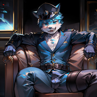 Wolf orcs?Little boy with light blue hair?Detailed performance in an officer's leather jacket?Detailed performance of wearing an officer's fur hat?Detailed performance of the whip?sitting in the couch?Open your clothes?opening legs?Bad laughs?looking toward the viewer?Pubic Area Showing