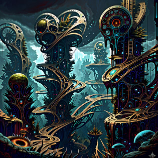 View from the top, paisagem da arte do horror, Complex biomechanical monuments, 4th Dimensional Biomorphic Beings, paredes cravadas, loucura, Espinhos, Art Station, UHD, Motor irreal, estilo de desenho de arte de linha.