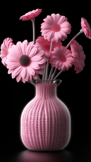 [Pink flowers made of knitted yarn material, realistic lighting and shadows, C4D output, rich details] + in a bottle, black background --ar 9:16 --q 2 --q 2 --style raw