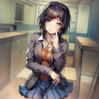 DDLCYURI, HAIR ORNAMENT, HAIRCLIP, LONG HAIR, (BLACK EYES:1.1), BLACK SHORT HAIR, GRIN, SMILE, BLAZER, BLOUSE, BLUE SKIRT, JACKET, BROWN JACKET, MINISKIRT, NECK RIBBON, RIBBON, SCHOOL UNIFORM, SHIRT, SKIRT, WHITE SHIRT, WING COLLAR, CASUAL CLOTHES, GREY SWEATER, MINISKIRT, PANTS, RIBBED SWEATER, SKIRT, SWEATER, TURTLENECK, TURTLENECK SWEATER, black eyes with eyeliner, puffy black hair scene emo, short emo hair, hair ornament, hair clip, medium boobs, school uniform, jacket, short hair, pleated skirt, skirt, blue skirt, ((blush)), indoors, in a classroom, necklace cross, earrings, emo, scene, fashioncore, black stockings, emo hair, gothic, lip piercing, nasal septum, emo, visual kei, puffy hair, Dark, EMO ACCESSORIES, Emo Haircuts