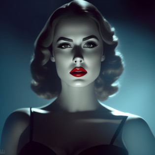arafed woman with red lips and a black bra top, film noir lighting, film noir realistic, inspired by George Hurrell, 1 9 4 0 s film noir, dramatic cinematic portrait, film noir style, cinematic goddess shot, martin ansin artwork portrait, 1950s film noir, inspired by Vincent Lefevre, highly detailed vfx portrait, flora borsi