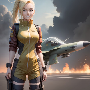 Ino yamanaka (naruto anime ) in pilot uniform , fighter jet in background , bullets on the ground , full body , smiling , best quality , masterpiece , 8k , best illustration