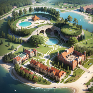 Aerial view of Alafard of the hotel with lake and garden, aerial illustration, highly-detailed illustration, detailed digital illustration, prerendered isometric graphics, isometric aerial view, Resort background, highly detailed scene, Detail 2.5D illustration, hq very detailed, complex 3d scene, isometric map, high detailed illustration, concept art highly detailed?--seed 1960457989