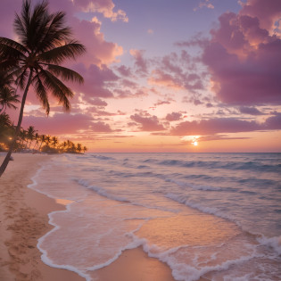 sunset on a beach with waves and palm trees, which shows a beach at sunset, beach sunset background, beautiful beach, tropical beach, pastel sunset, sunset on the beach, tropical beach paradise, sunset at the beach, sunset glow, soft glow, serene beach setting, beautiful sunset glow, beautiful background, magical beach, warm glow, beautiful wallpaper, hawaii beach, caribbean