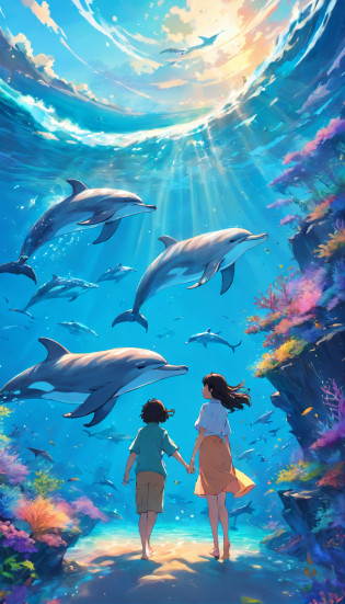Painting of dolphins swimming in colorful ocean, Look up at the composition, Live water and whales from the sky, inspired by Cyril Rolando, dreamy psychedelic anime, colorful anime movie background, A beautiful artwork illustration, author?Shitao, colorful concept art, Makoto Shinkai Cyrillo Rolando :: Makoto Shinkai, Cyrillo Rolando, black outlining by Renato Guedes, inking by Richard Estes, Ralph Goings, Chuck Close, Charles Bell, Audrey Flack, Don Eddy, Robert Bechtle, Ron Kleemann, Richard McLean, John Salt, Ben Schonzeit, superb quality