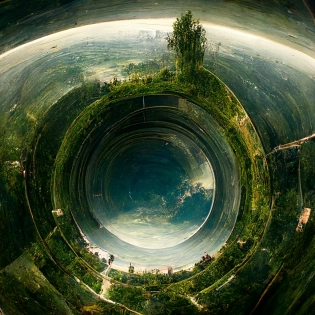 satellite photograph from the inside of a cylinder shaped world::2 a fully continuous cylindrical landscape with greenery and buildings::1. 5 camera photograph, cinematic shot, cinematic lighting::. 7 --iw 2