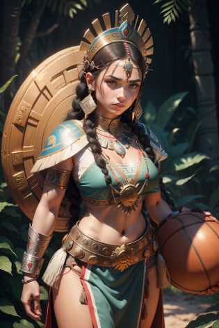 Arafed woman in native dress holding a basketball and a shield, Beautiful warrior woman, Aztec warrior goddess, She is dressed in shamanic clothes, Warrior Bird, Young female shaman, Warrior Woman, Beautiful warrior woman, Portrait of an Aztec princess, hyperdetailed fantasy character, fantasy art behance, ???? 3 D Yemaya, Beautiful young shaman, female warrior