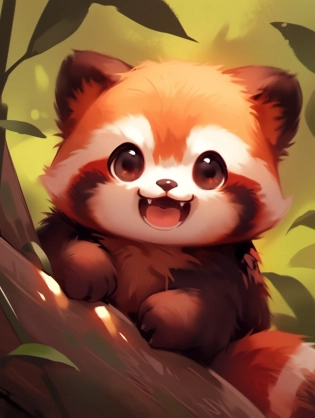 red panda, cute appearance, docile character, big eyes, round ears, flat face, thick tail, vivid, funny, eating.