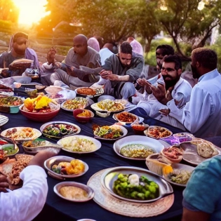 these people group at Iftar time, sharing food while the sun set, realistic, UHD, 8K