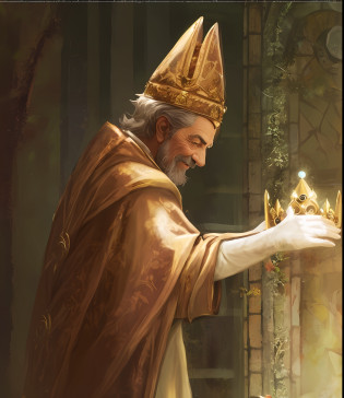 Image of Arafad of an old man holding a golden crown, wrinkles?smil?cleric, picture of a male cleric, granting him a noble title, The Godfather of the Middle Ages, dragon pope, art style of marc simonetti, marc _ Simonetti, style of marc simonetti, hyper detailled | donato giancola?The medieval godfathers wore floral robes
