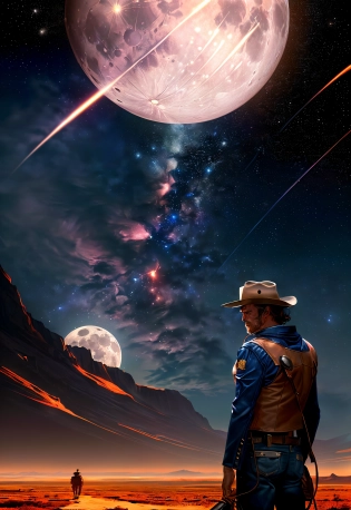 They call me the (Space Cowboy:1. 2), Sci-Fi, Western Aesthetic, Alien Otherworldly scene, (Cowboy Hat:1. 1), Alien Horse, Stars, Moon, (style of Firefly and Cowboy Bebop and Clint Eastwood:1. 1), Off world Colony, extreme detail, Cinematic lighting, IMAX, <lora:add_detail:1>, UHD, HDR, 8K, (Masterpiece:1. 5), (best quality:1. 5)