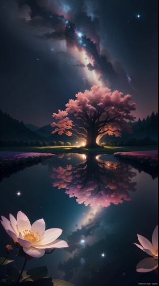Imagine a breathtaking celestial garden suspended in the vastness of space, bathed in the soft glow of distant stars. The scene is an ethereal blend of natural beauty and cosmic wonder, sure to captivate anyone who gazes upon it.

The centerpiece of the garden is an enchanting, luminescent tree with iridescent leaves that seem to radiate with every color of the rainbow. This mystical tree stands tall and proud, its branches stretching out like tendrils towards the surrounding celestial bodies.

The garden is set upon a floating island, adorned with a carpet of lush, celestial flora. Flowers of unimaginable hues bloom amidst floating rocks, each petal exuding a faint, twinkling glow. Unearthly vines, with tiny star-like fruits, gracefully wrap around crystalline pillars that support the island.

Gentle, cascading waterfalls shimmer with a pearlescent hue, flowing from one floating rock to another, creating a soothing symphony of sound. As the water descends, it forms a small pond, reflecting the surrounding celestial wonders like a mirror.

In the distance, majestic planets and distant galaxies adorn the cosmic horizon, their vibrant colors illuminating the garden with cosmic radiance. Shooting stars streak across the sky, leaving trails of stardust that add a touch of magic to the scenery.

The entire garden is bathed in a surreal, cosmic light, casting soft shadows and creating an atmosphere of serenity and wonder. The twinkling stars above lend an otherworldly charm, inviting viewers to immerse themselves in this celestial oasis.

Overall, 
