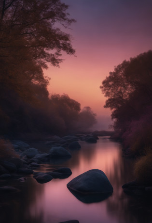 Generate an enchanting and surreal depiction of a world locked in perpetual twilight. Picture a captivating landscape where the boundaries between day and night blur into an everlasting twilight. The sky should be a mesmerizing blend of deep blues and soft purples, with a faint, ethereal glow on the horizon. Show a mystical terrain, featuring delicate, bioluminescent flora and fauna that illuminate the landscape with gentle, otherworldly radiance. Let the scene emanate a sense of tranquility, mystery, and a touch of magic. Focus on intricate details and realism to create an image that transports viewers to this captivating twilight realm