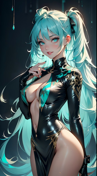 mesopotamian goddess, serious and sexy face, has a face of supernatural beauty, long twintails hair, green hair, decorated with smile emojis, as well as emerald eyes. (perfect anatomy) , (perfect eyes) Her figure is extremely voluptuous, gigantic breasts, heavy breasts, fitness hip, fabric covering breasts, cracked abdominal muscle, aqua thick silk dress, large abdomen muscle,green hair,

woman,1female,((milf,mom,mature,mature woman,45 years old female,adult)),

(large breasts:1.5),saggy breasts,colored inner hair,((emerald_eyes:1.3))),intricate eyes,beautiful detailed eyes,symmetrical eyes,((((lustrous skin:1.5,bright skin: 1.5,skin tanned,shiny skin,very shiny skin,shiny body,illuminated skin)))),(spider lower abdomen,narrow waist,wide hip,bimbo body,inflated legs),(((detailed face))),

(cute,slutty,sensual,seductive look,seductive,((erotic)),opulent,sumptuous,longingly,((nsfw)),

queen,goddess,fantasy,revealing clothing,show skin,(beautiful aqua clothes),(mischievous aqua dress, very loose dress):1.9, mesopotamian style, bare belly, bare shoulders, golden bracelets,detailed outfit,cleavage,aqua silk,((Transparent cloth:1.5)), (((intricate outfit,intricate clothes))),(((aqua paint on hands:1.5), (aqua paint on body:1.5), (aqua paint on skin:1.5),(paint splatter:1.3))),

(dynamic pose:1.0),arrogant face, arrogant smile,
,(centered,scale to fit dimensions,Rule of thirds),

((snowy pine forest at night)), with dark stormy clouds,winter,scenery:1.25,((snow forest background)),Christmas tree,

highres,sharp focus,(ultra detailed,extremely detailed),(photorealistic artwork:1.37),(extremely detailed CG unity 8k wallpaper),(((vibrant colors,vibrant theme))),(intricate),(masterpiece),(best quality),