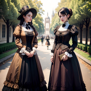 two women in victorian dress standing next to each other, both wearing victorian clothes, The two women are twins, both 19 years old, the woman on the left is carrying a book, the woman on the right is holding a dagger, victorian gothic lolita fashion, historical baroque dress dark, in victorian aristocrat, victorian style costume, baroque dress, wearing victorian clothes, historical baroque dress, with victorian clothing, in detailed steampunk dress, steampunk era, (steampunk), ( steampunk ), rococo cyberpunk, victorian dress, rococo dress