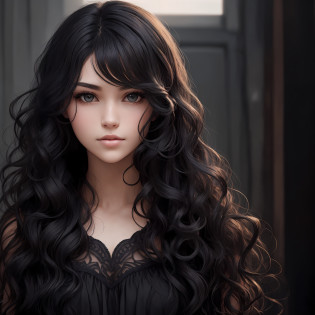 There is a woman, positioned from the front, face facing forward without inclination, looking forward, with long black hair and a black dress, detailed long black hair, hair texture, curly black hair, long black curly hair, long curly black hair, long curly black hair, long black curly hair, dynamic wavy hair, black curly hair, swirling black hair, wavy black hair, wavy black hair,  wavy black hair, detailed hair, curly dark hair, realistic hair, intricate long curly hair, with cute face, cute, cute girl --auto
