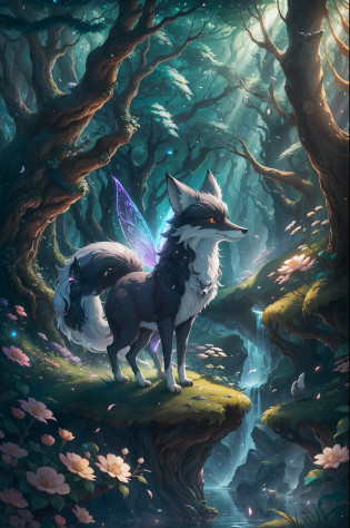 Fairy-like landscape, sacred nine-tailed black fox fairy, small head, majestic spirit, very visible hair, big tail, nine-tailed, nine-tailed, vista, very visible, Chinese art, clever lighting, hazy responsibility, Mohabak protecting the fox, stream, charming, immortal, fluffy, shiny mane, sideway full body, Wonderland, Studio Ghibli, Super wide Angle, 8k --auto --s2